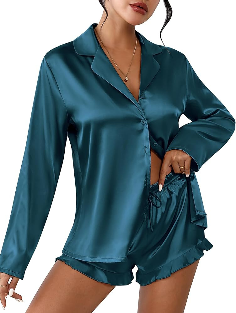 Ekouaer Womens Satin Pajama Sets Long Sleeve Top and Shorts Lounge Set Button Down Sleepwear | Amazon (US)