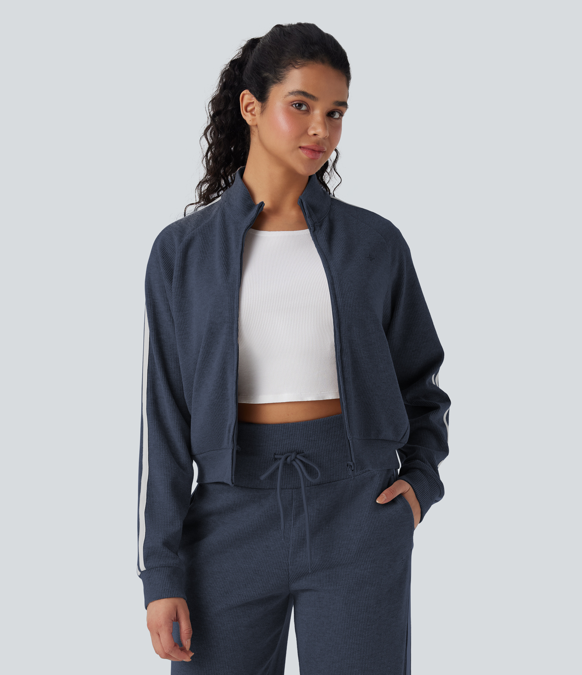 Halara Ribbed Stand Collar Long Sleeve Zipper Color Block Casual Jacket with Pockets - Mood Indigo - M | HALARA