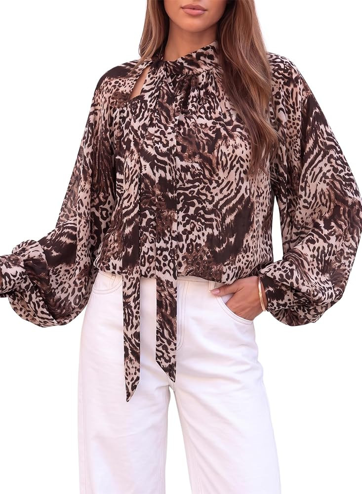 Dokotoo Womens Blouses Oversized Sexy Mesh Tops Floral Long Sleeve Shirts Tie Neck Pleated See Th... | Amazon (US)