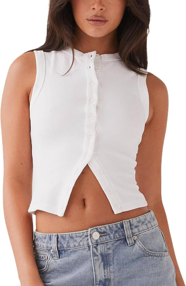 Faretumiya Women Button Down Tank Top Ribbed Summer Vest Tops Slim Fit Open Front Sleeveless Crop... | Amazon (US)