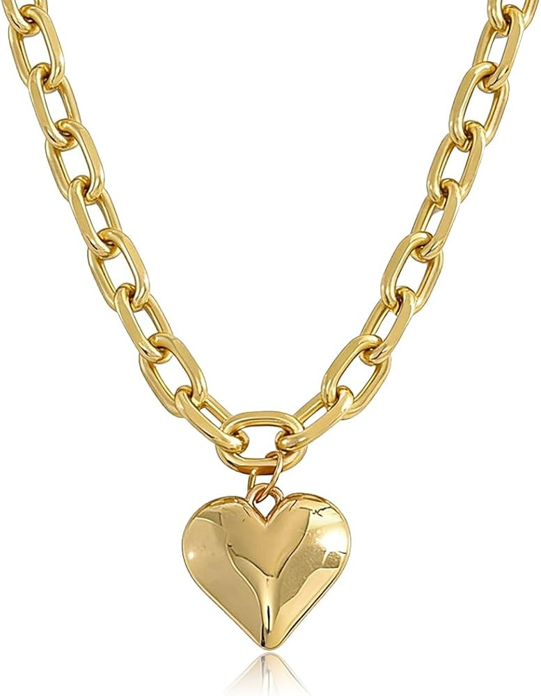 Otxas Chunky Heart Necklace Statement Necklace for Women Big Puffy Heart Necklaces Chunky Chain J... | Amazon (US)