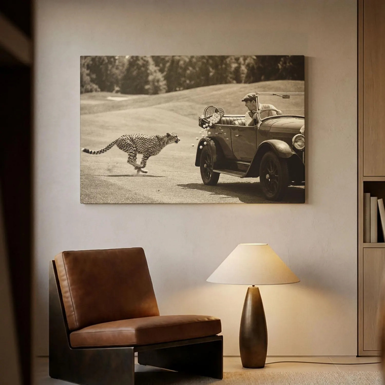 Funny Cheetah Golf Canvas Print, Vintage Sports Wall Art, Surreal Safari Decor, Golf Lover Gift, Sepia Man Cave Art, Unique Office Decor | Etsy (Global)
