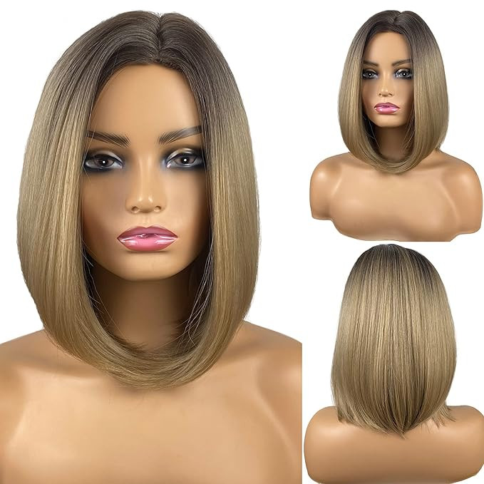MIMISERVICE Ash Blonde Straight Bob Wig,Shoulder Length Ombre Wigs with Dark Brown Roots for Wome... | Amazon (US)