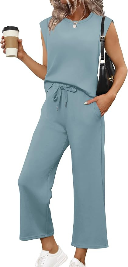 SAMPEEL Two Piece Sets for Women Casual Travel Vacation Outfits Summer Wide Leg Crop Pants Lounge... | Amazon (US)