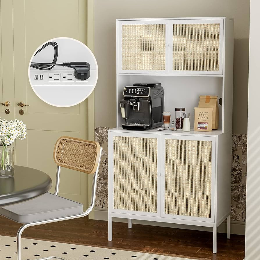 IKIFLY Kitchen Pantry Rattan Storage Cabinet with Outlet and USB Ports, Kitchen Sideboard Buffet ... | Amazon (US)