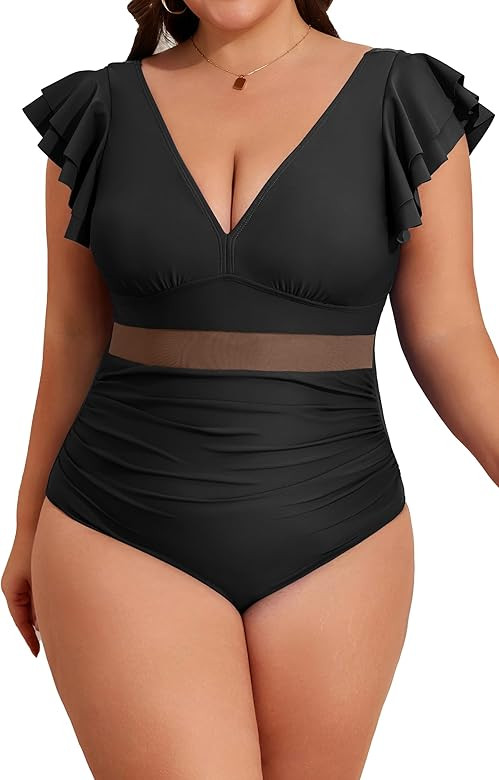 B2prity Women Plus Size One Piece Swimsuit V Neck Mesh Tummy Control Bathing Suit Full Coverage R... | Amazon (US)