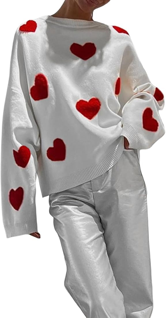 Yoawdats Women's Heart Print Sweater Casual Loose Heart Print Crew-Neck Long Sleeve Valentine's D... | Amazon (US)