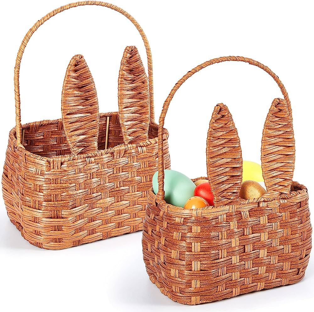 Easter Basket with Handle 2 Pieces Bunny Picnic Basket for Kids with Cute Rabbit Ears Rattan Gift Wi | Amazon (US)