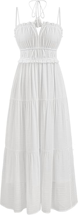 CIDER French Riviera Vacation Woven Collarless Lettuce Trim Knotted Maxi Dress | Amazon (US)