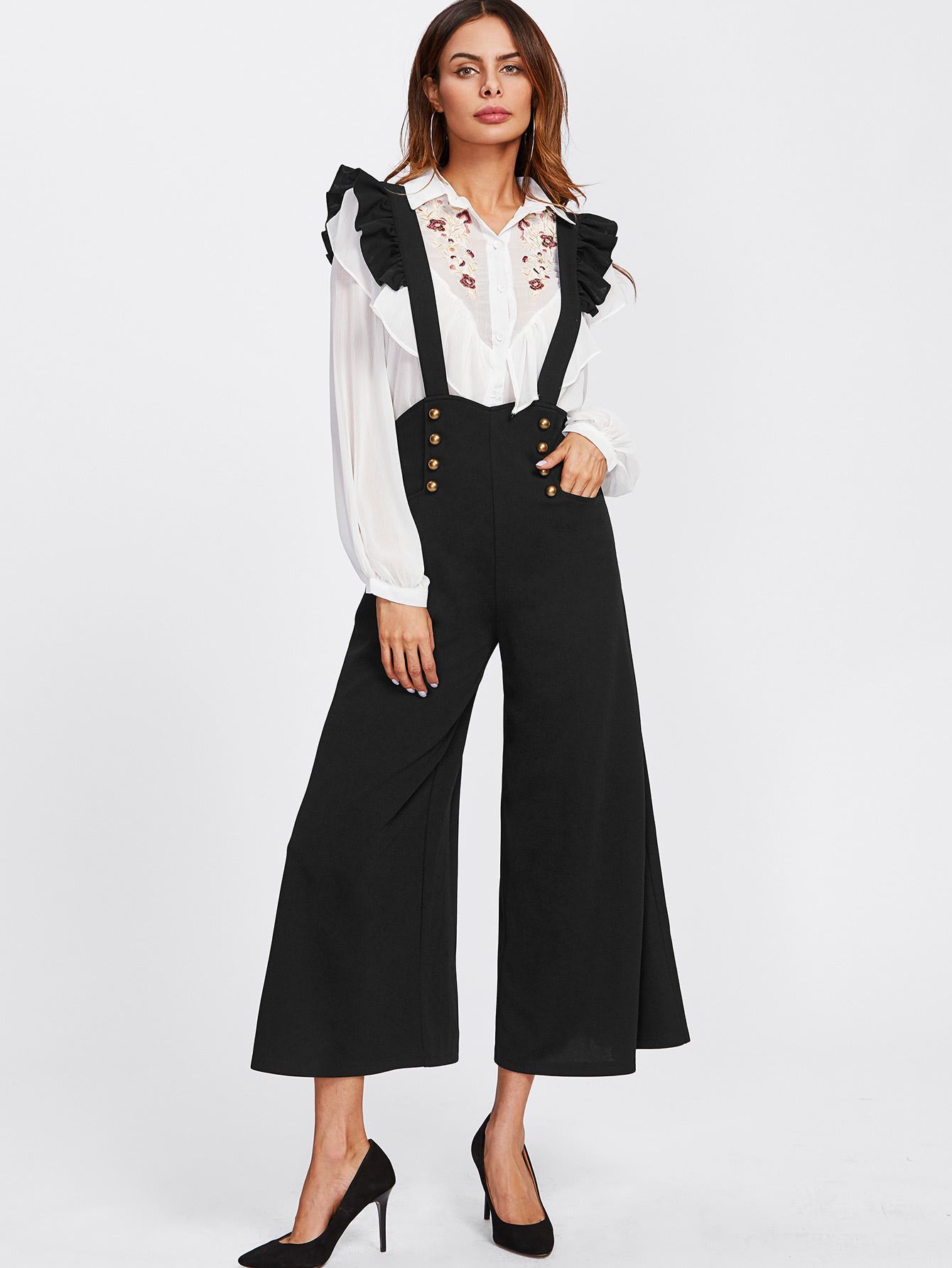 Double Breasted Palazzo Pants With Ruffle Strap | SHEIN
