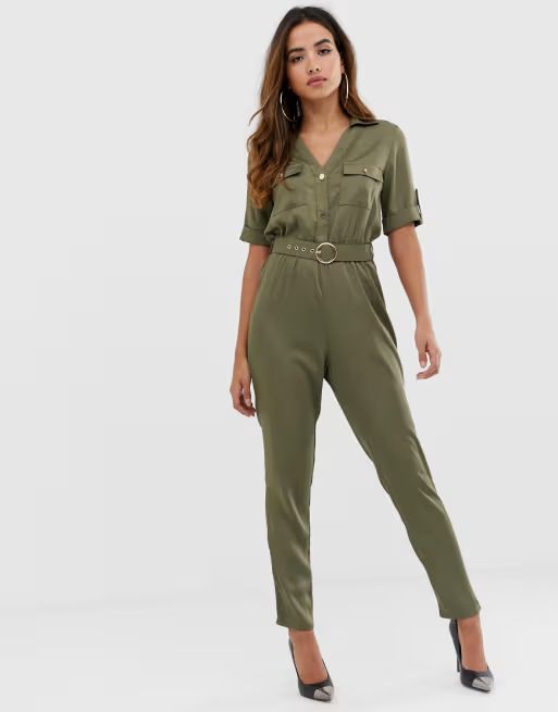 Lipsy satin utility jumpsuit in khaki | ASOS ROW