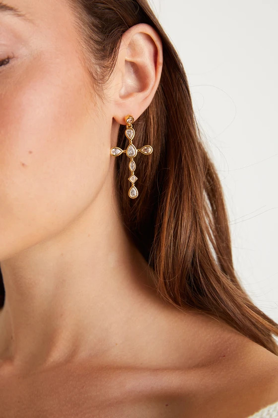 Faithful Forever 14KT Gold Rhinestone Cross Earrings | Lulus (US)