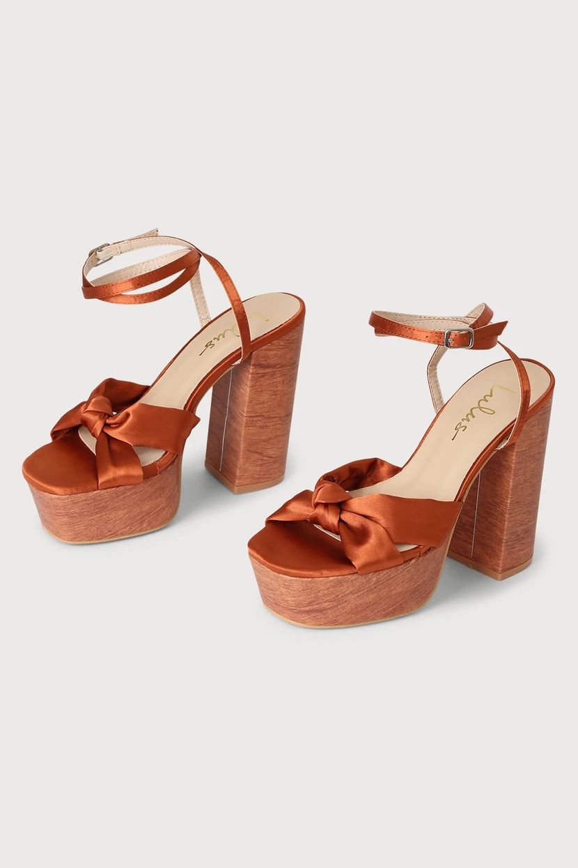 Lucianto Copper Satin Ankle Strap Wooden Platform Sandals | Lulus (US)