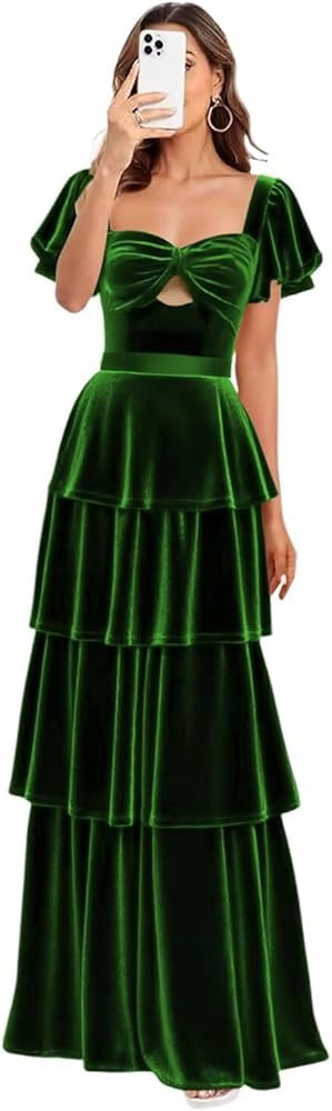 Dessiny Short Sleeves Velvet Pleated Cocktail Dresses for Women 2026 Long Cut Out Formal Evening ... | Amazon (US)