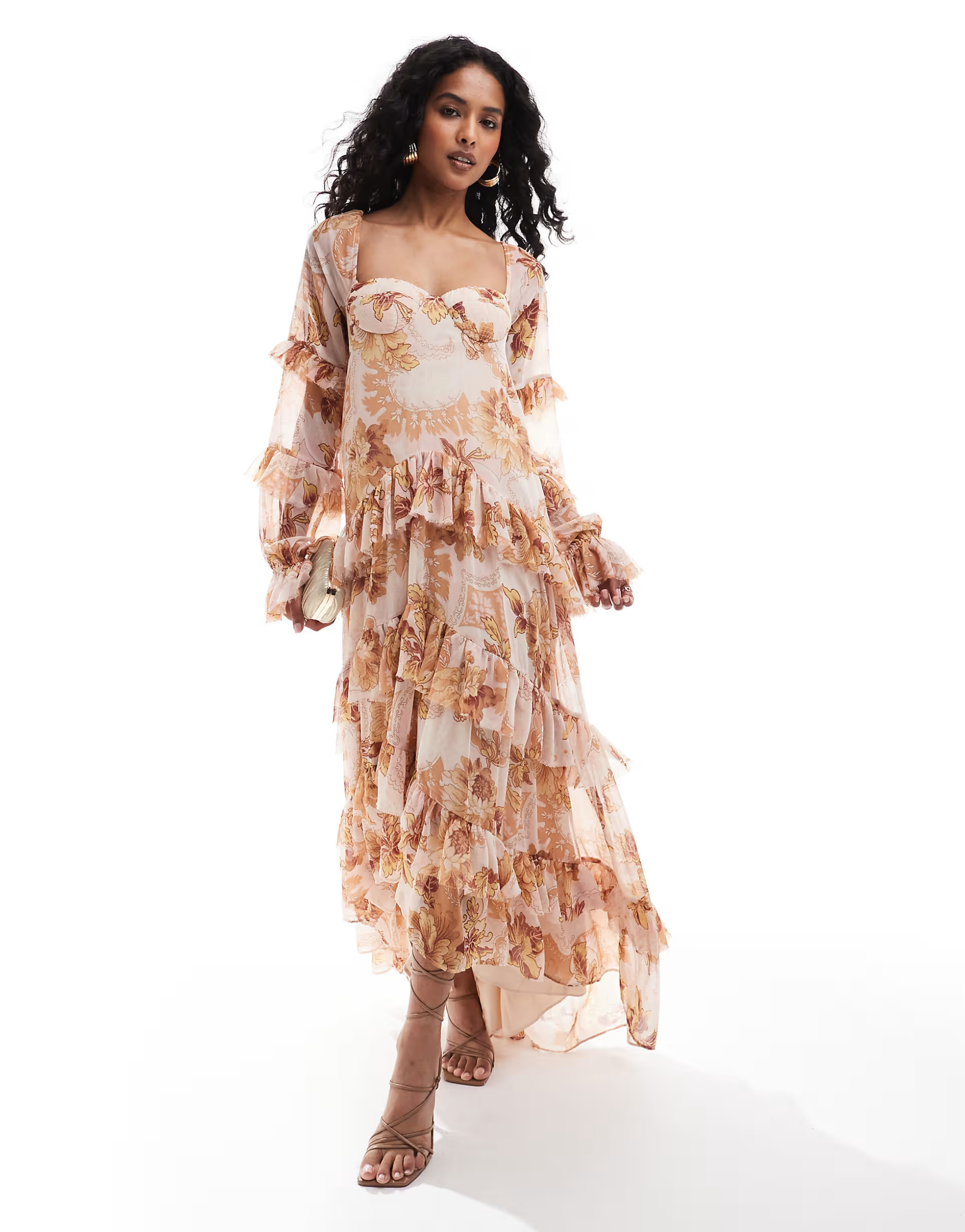 ASOS DESIGN ruffle off shoulder corset detail tiered maxi dress with hi low hem in brown floral p... | ASOS (Global)