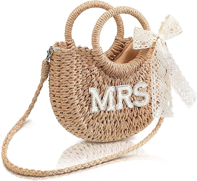 Pinkunn Bride Straw Purse Handwoven Bag Rhinestone Letter Patches Bag Bachelorette Party Honeymoo... | Amazon (US)