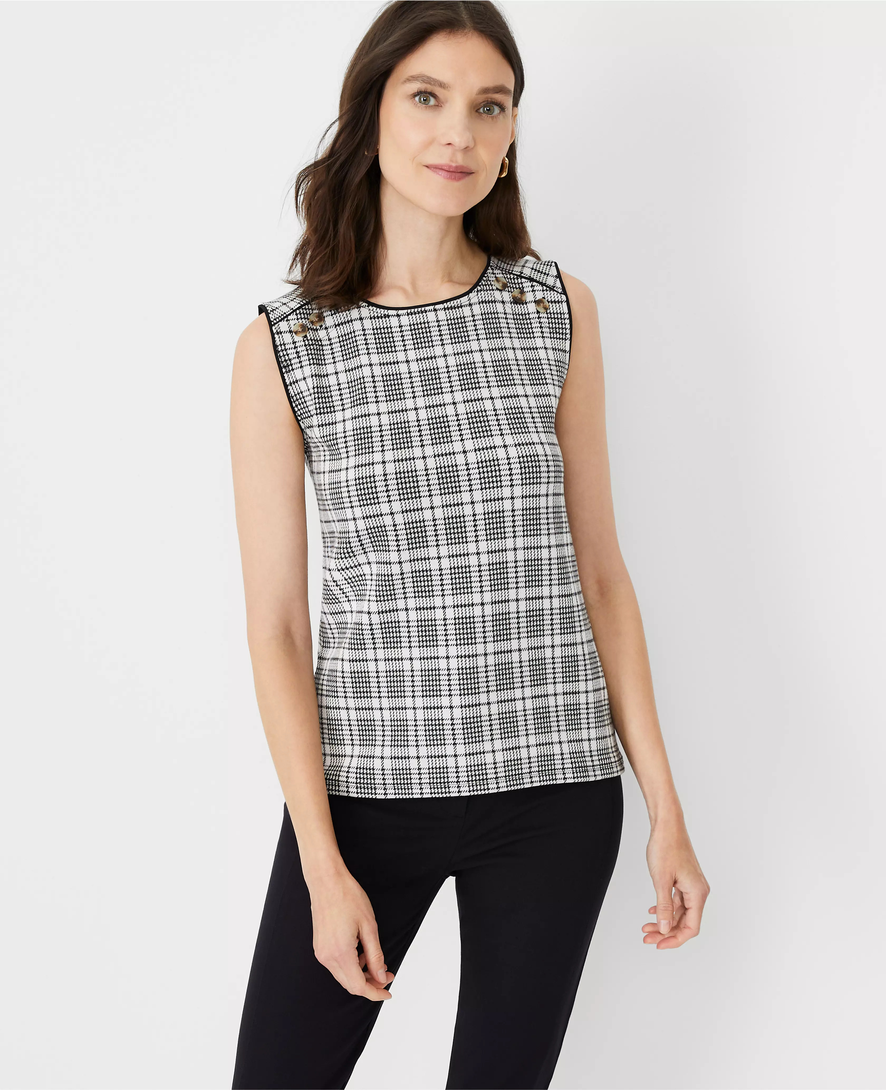 Plaid Sleeveless Shoulder Button Top | Ann Taylor (US)