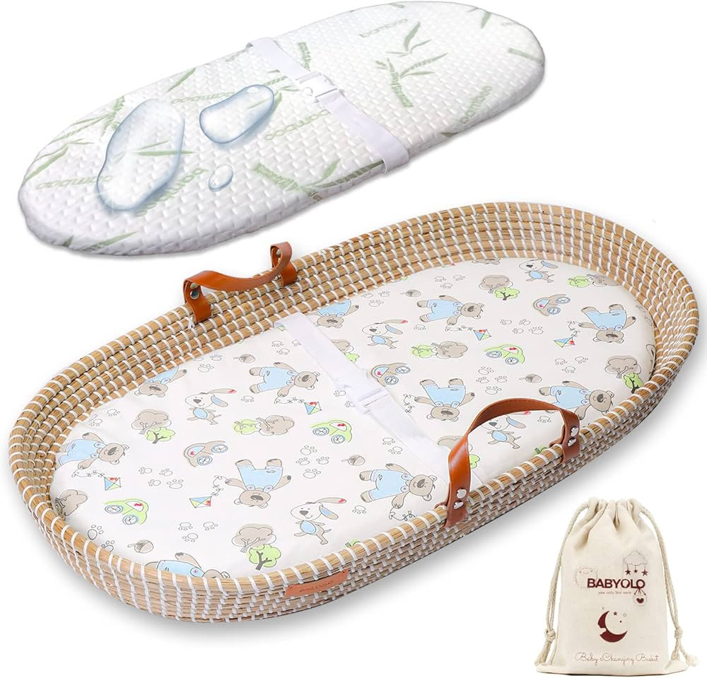 BABYOLO Handwoven Baby Changing Basket, 3 Waterproof Covers with Safety Belt - Seagrass Baby Mose... | Amazon (US)