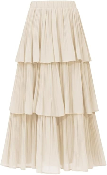 Women's Long Skirts Chiffon Elastic High Waist Maxi Skirt A-Line Tiered Dress | Amazon (US)