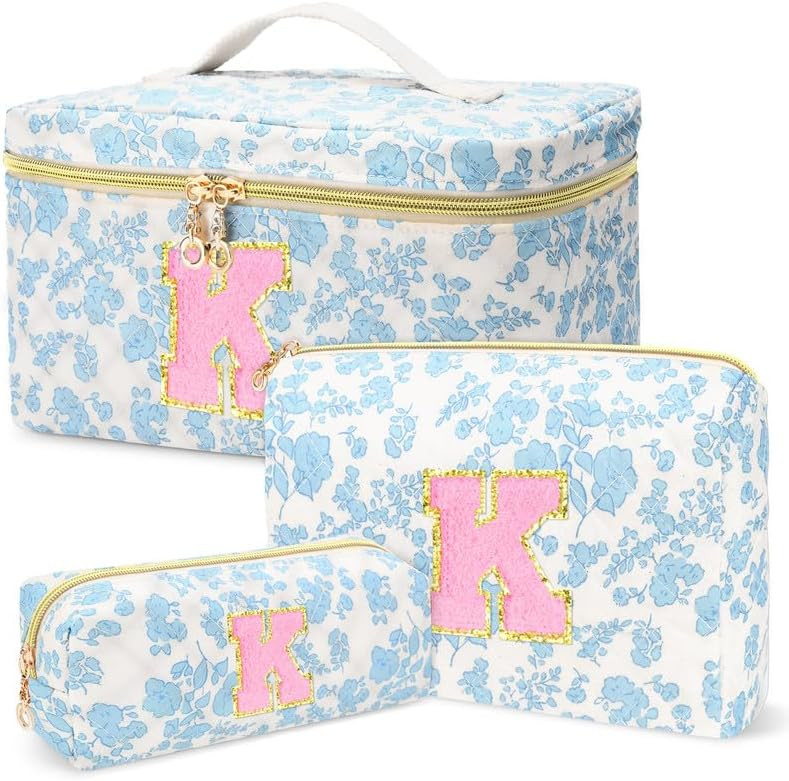 3 PCS Travel Makeup Bag Set, A–Z Initials Cotton Quilted Cosmetic Bag for Women & Preppy, Perso... | Amazon (US)