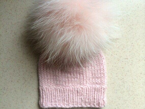 100% Cashmere Baby Pink Hat - Light Pink Raccoon Fur Pom Pom - Hand Knit - | Etsy (US)