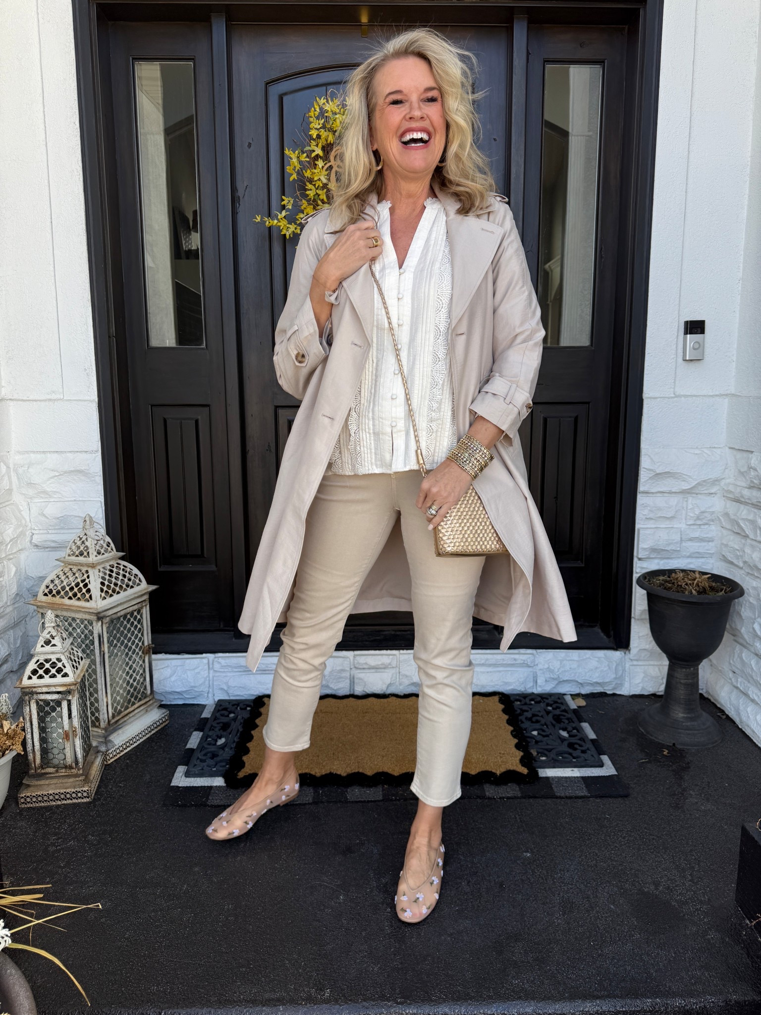 Cream on cream outfit inspiration..

A classic trench coat is a spring staple- this one by Chicos is the perfect weight and great color with tortoise sheep buttons that give it a rich elegant touch. Tts

Girlfriend ecru slim straight jeans true to size and great fit.

This pretty detailed lace trimmed top is perfect for spring with 3/4 sleeves and romantic details. Pair with your favorite jeans, trousers . Tts

Gold  hoop earrings and gold cuff | gold metallic bag|  the cutest mesh shoes with pretty shanty flowers 


#LTKSaleAlert #LTKOver40 #LTKStyleTip