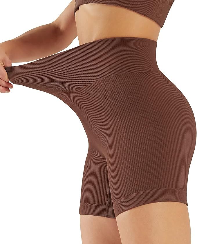 PINKSAVIOR Women's Yoga Shorts Ribbed Seamless Workout High Waist Athletic Gym Shorts Women | Amazon (US)