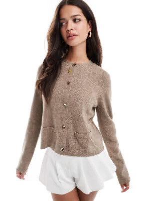 Pretty Lavish knitted button detail cardigan in brown marl | ASOS (Global)