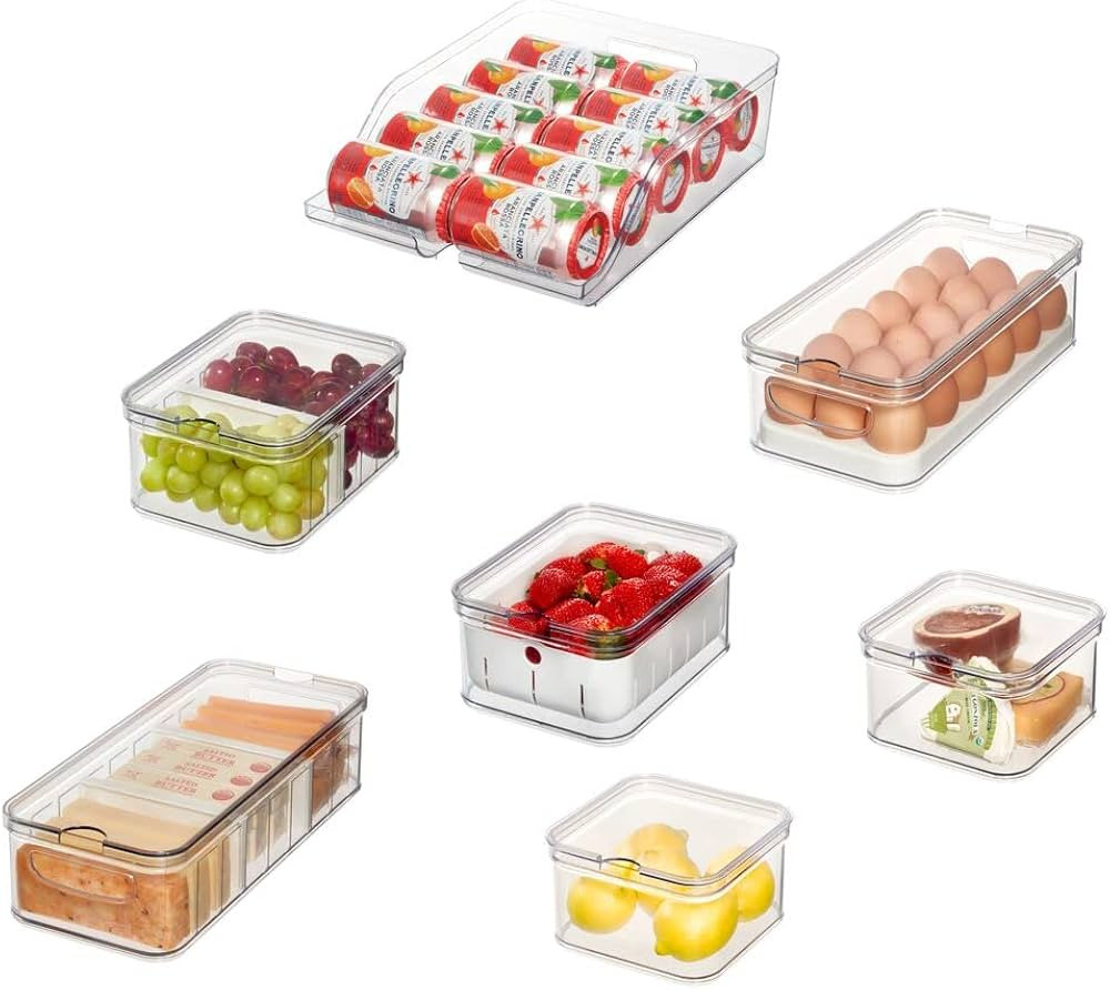 iDesign Crisp 7-Piece Recycled Plastic Refrigerator Organizer Bin Set with Lids, Clear/White | Amazon (US)