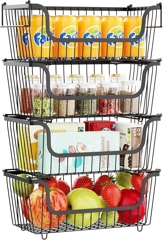 Pantry Baskets, Cambond 4 Pack Stackable Baskets, Wire Baskets with Handles Pantry Organization a... | Amazon (US)