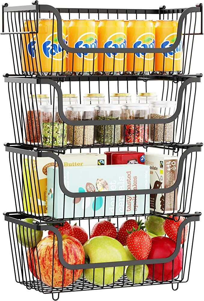 Pantry Baskets, Cambond 4 Pack Stackable Baskets, Wire Baskets with Handles Pantry Organization a... | Amazon (US)