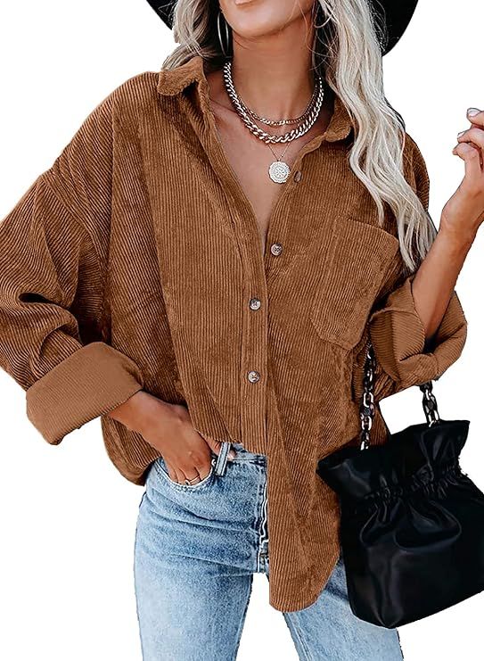 Women's Corduroy Button Down Pocket Shirts Casual Long Sleeve Oversized Blouses Tops | Amazon (US)