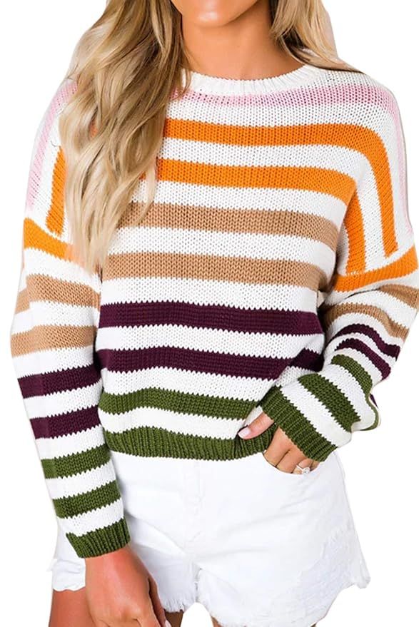 ZESICA Women's Long Sleeve Crew Neck Striped Color Block Casual Loose Knitted Pullover Sweater To... | Amazon (US)