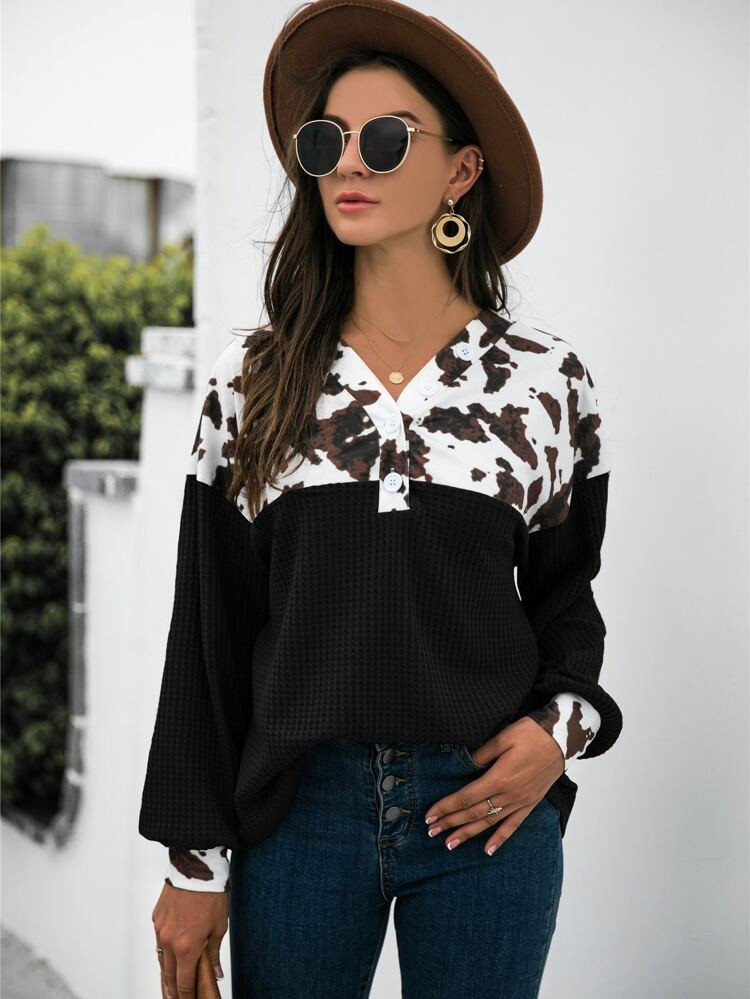 Cow Panel Half Button Sweatshirt | SHEIN