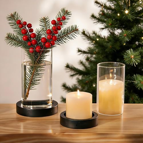 NUPTIO Wooden Candle Holders Pillar: Black Candle Tray with Round Hurricane Glass Vase - Set of 2 Cylinder Floating Candleholder for Home Halloween Thanksgiving Seasonal Decor | Amazon (US)