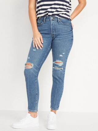 Curvy High-Waisted Button-Fly Distressed Ankle Jeans for Women | Old Navy (US)