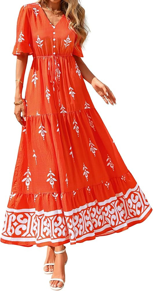 BTFBM Boho Dresses for Women 2026 Summer Spring Casual Floral Short Sleeve V Neck Flowy A-Line Ma... | Amazon (US)