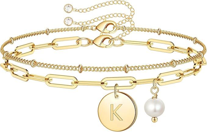 Gold Initial Bracelets for Women, 14K Gold Plated Charm Letter Initial Bracelet Adjustable Layere... | Amazon (US)