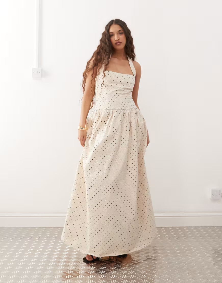 Amy Lynn square halter neck maxi dress in cream polka dot-White | ASOS (Global)