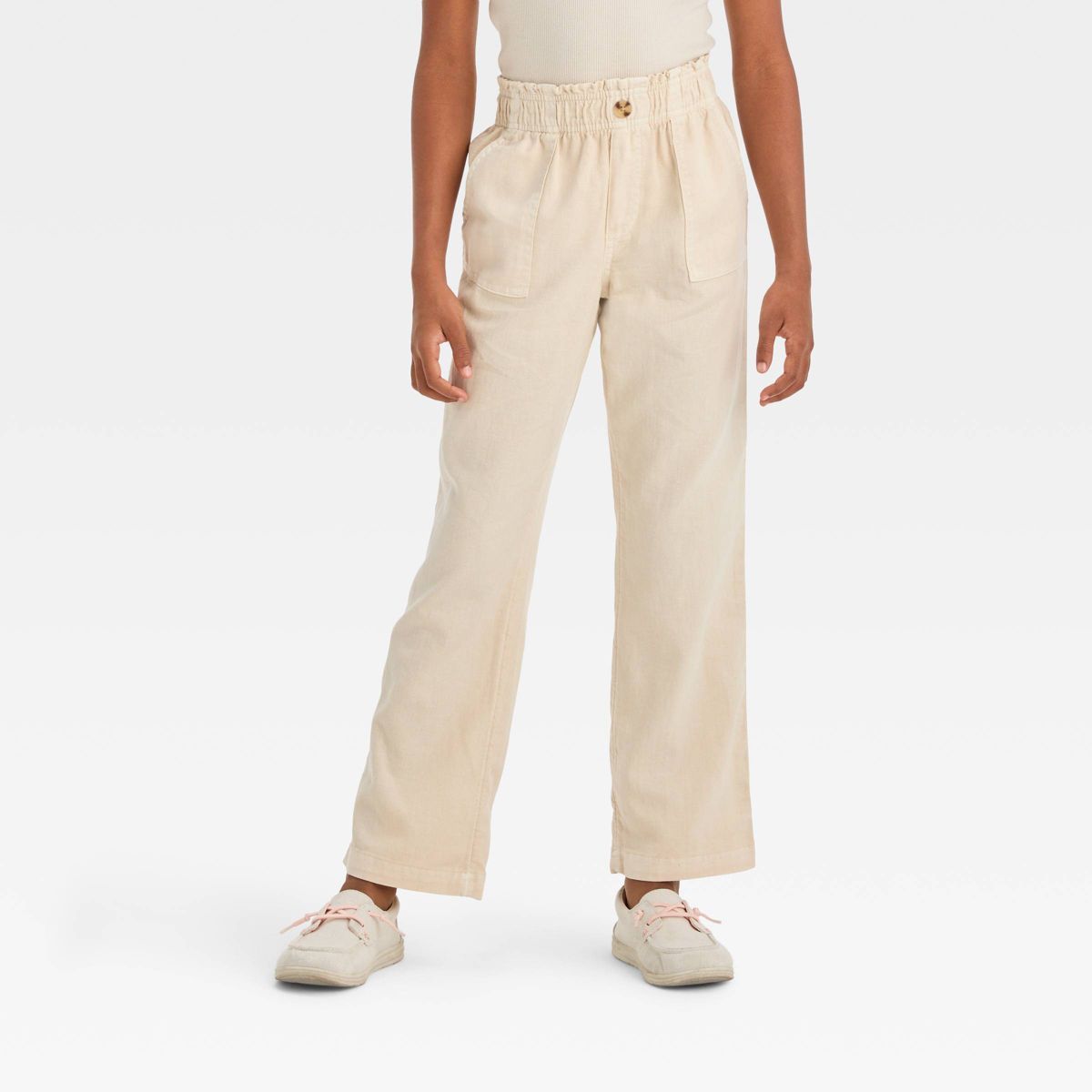 Girls' Linen Straight Leg Pull-On Pants - Cat & Jack™ - Beige L | Target