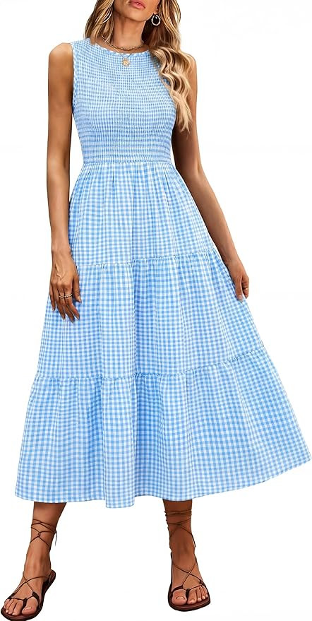 ANRABESS Women's Summer Casual Maxi Dress Sleeveless Crewneck Smocked 2026 Flowy Plaid Tiered Boh... | Amazon (US)