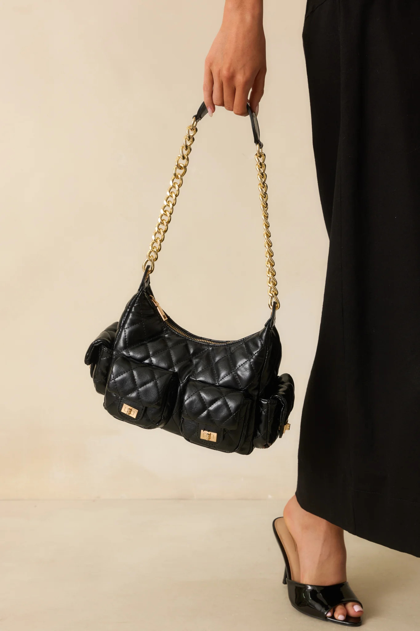 Little Something Extra Black Faux Leather Quilted Handbag | Red Dress