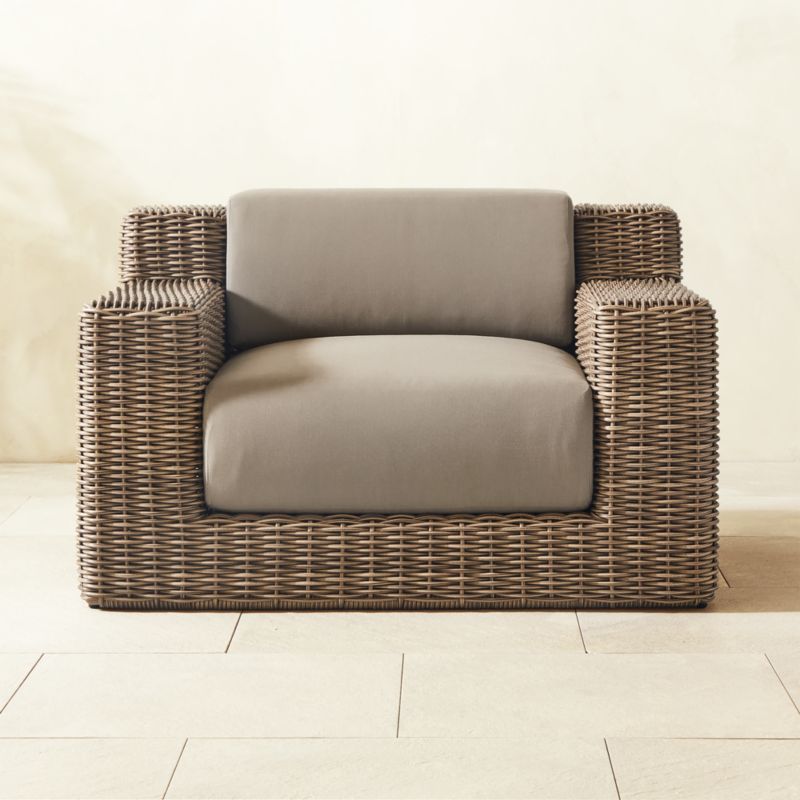 Maylin All-Weather Rattan Outdoor Lounge Chair with Grey Sunbrella Cushions | CB2 | CB2