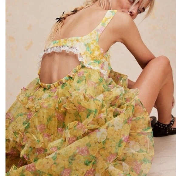For‎ Love And Lemons Tiered Bodysuit S Vikki Yellow Floral Dress | Poshmark