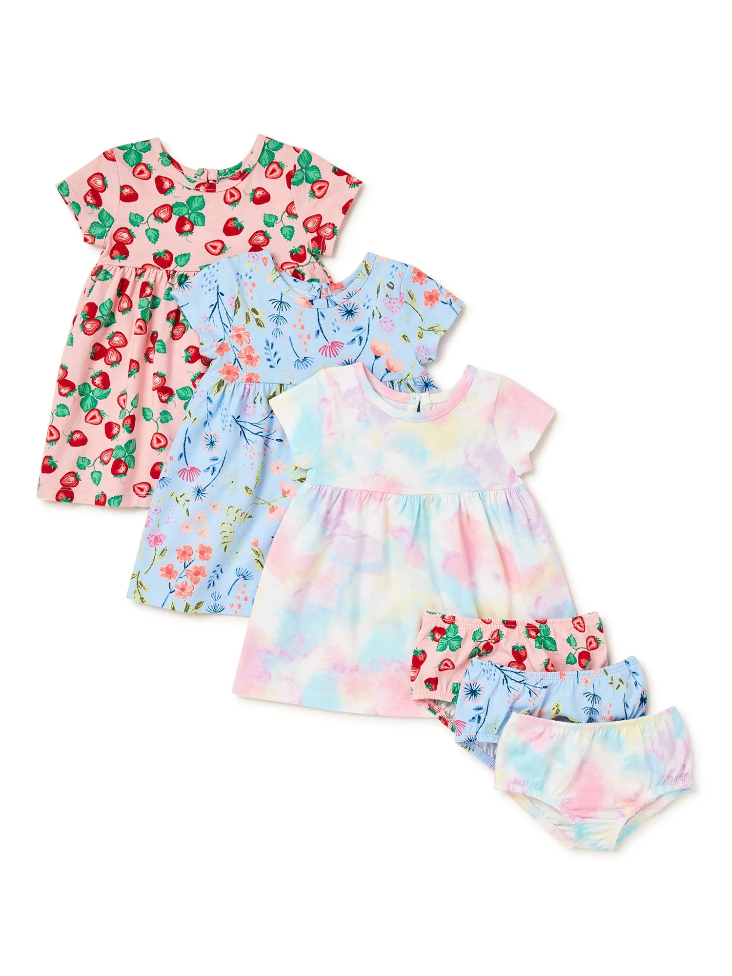Wonder Nation Baby Girls Short Sleeve Dresses & Diaper Covers, 3-Pack, Sizes 0-24 Months | Walmart (US)