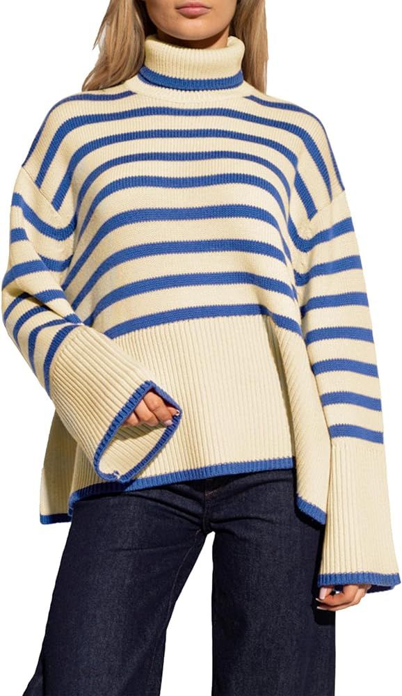 Women's Striped Turtleneck Sweater Long Sleeve Oversized Knitted Soft Pullover Sweaters Side Spli... | Amazon (US)