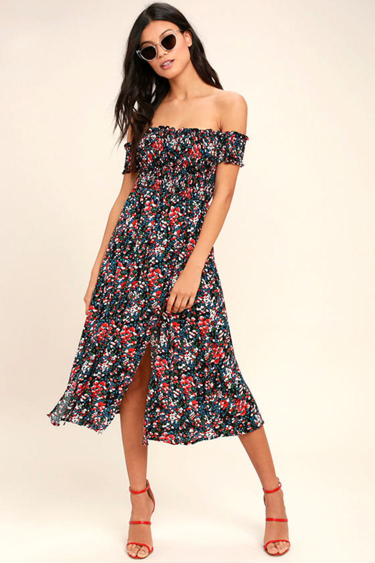 View from the Meadow Black Floral Print Off-the-Shoulder Dress | Lulus