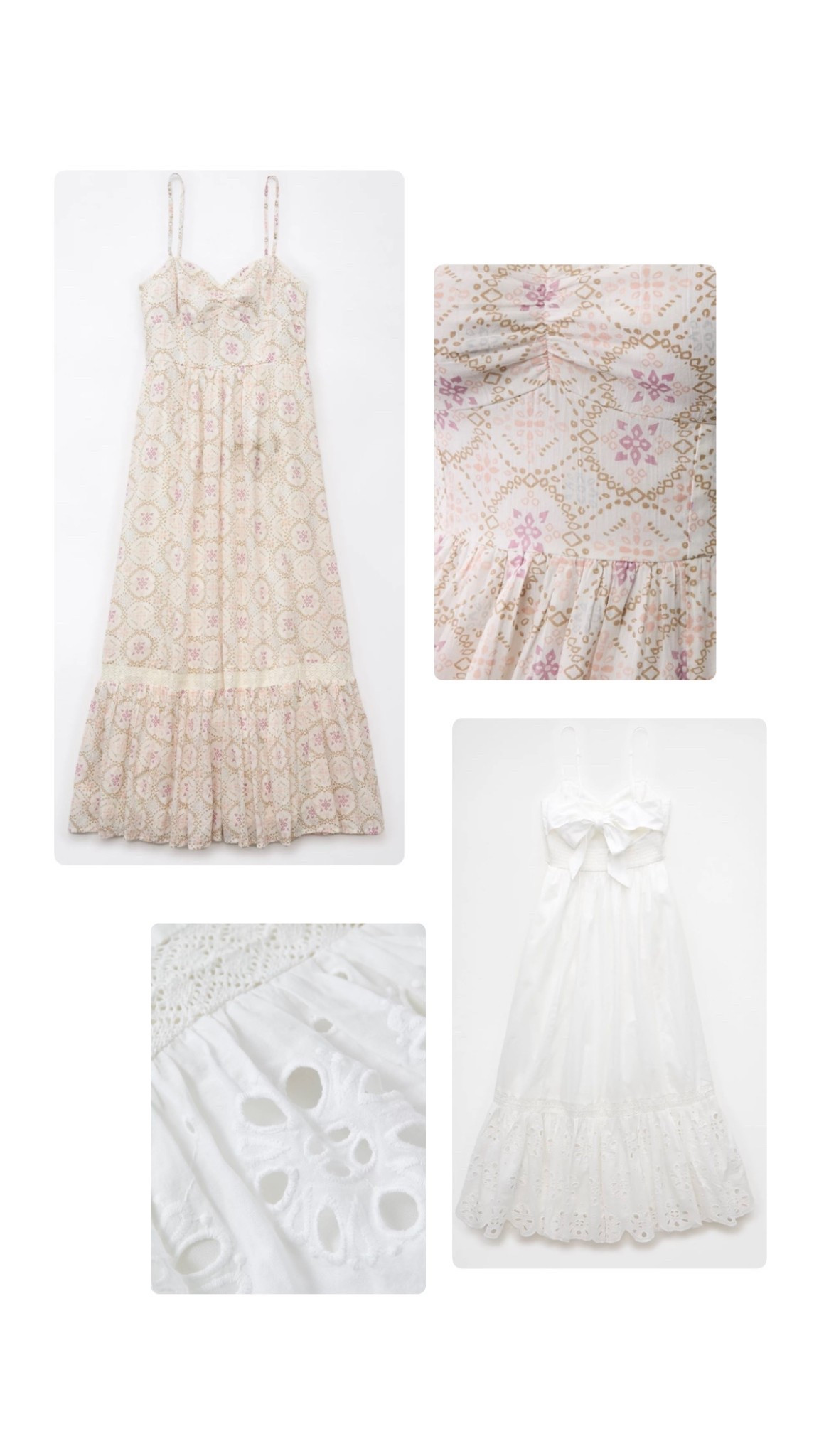 Maxi dress. Midi dress. Spring dress. Summer dress. Spaghetti strap dress. Floral bow dress. White eyelet dress. 