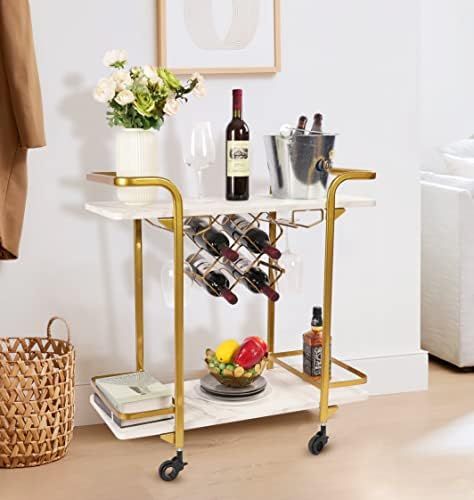 Jubao Gold Bar Cart for Home [2022 Upgraded Wine Rack] Home Bar Serving Carts, White Matte Marble Wo | Amazon (US)