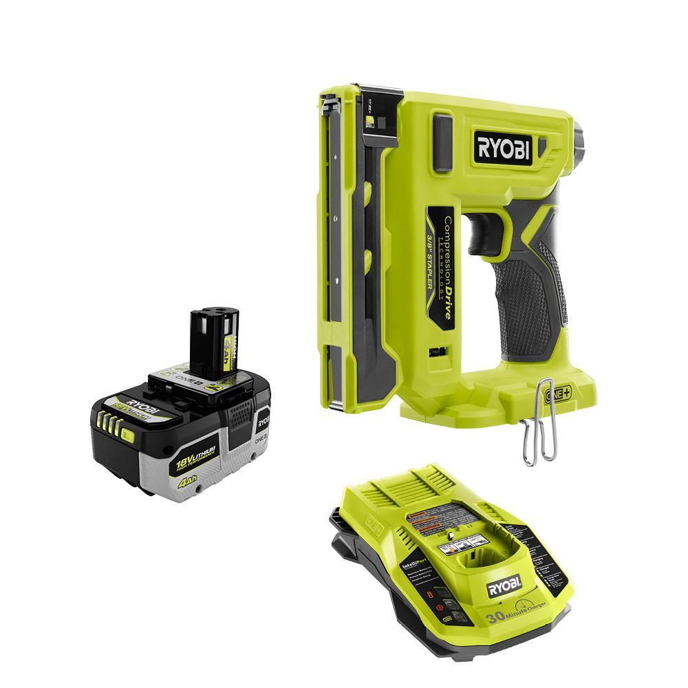 RYOBI ONE+ 18V Cordless Compression Drive 3/8 in. Crown Stapler with HIGH PERFORMANCE 4.0 Ah Battery | The Home Depot